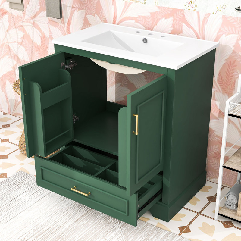 Meuble-lavabo de salle de bain avec lavabo, tiroir et 2 portes à fermeture en douceur, Vert