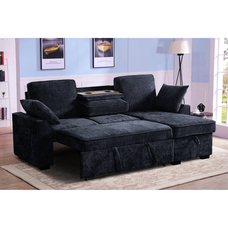 3 - Seat Dark Blue Chenille Sectional With Built In Cup Holder, Removable Tray And Hidden Storage, Ideal For Game Nights Holders, Convertible Storage Chaise Modular Layout, Seats