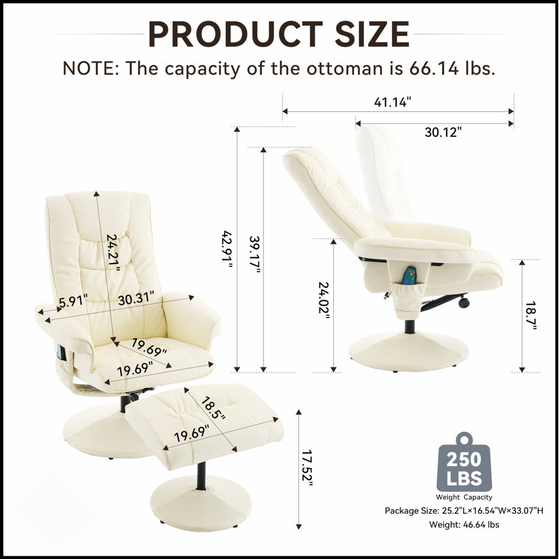 Fauteuil inclinable avec repose-pieds - pivotant à 360 °, vibration à 5 points, siège chauffant, fauteuil inclinable réglable en cuir de polyuréthane à 140 ° pour une détente ultime