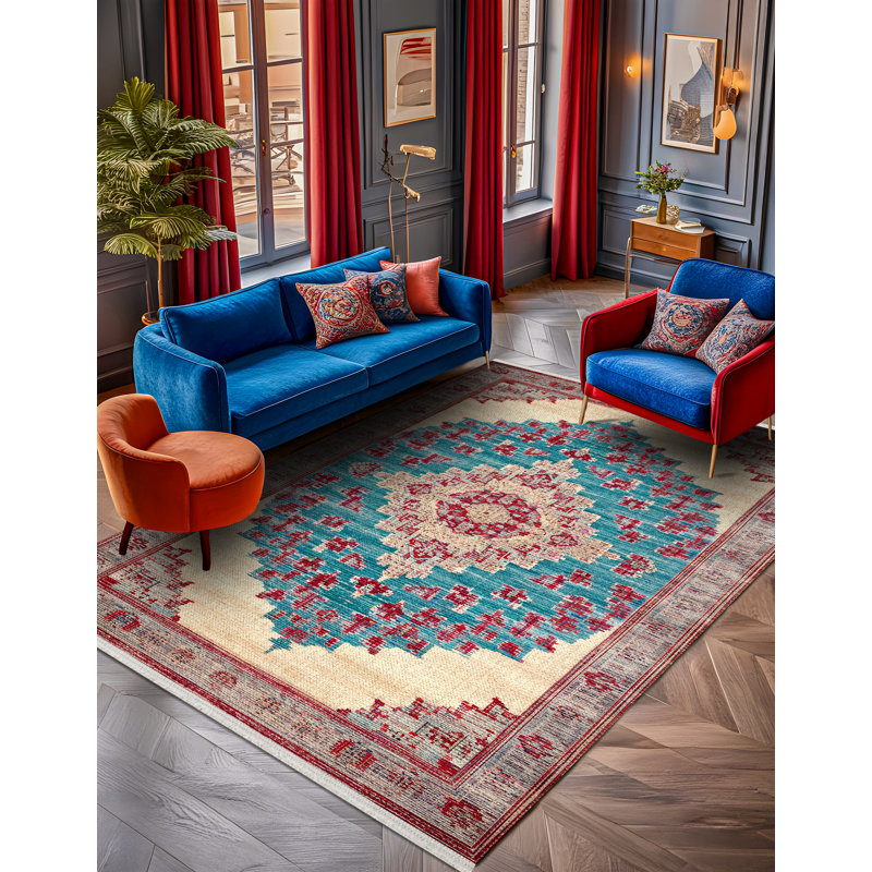Gulustan Blue Red Beige Oriental Machine Printed Cotton Polyester Area Rug, Round 2'8"