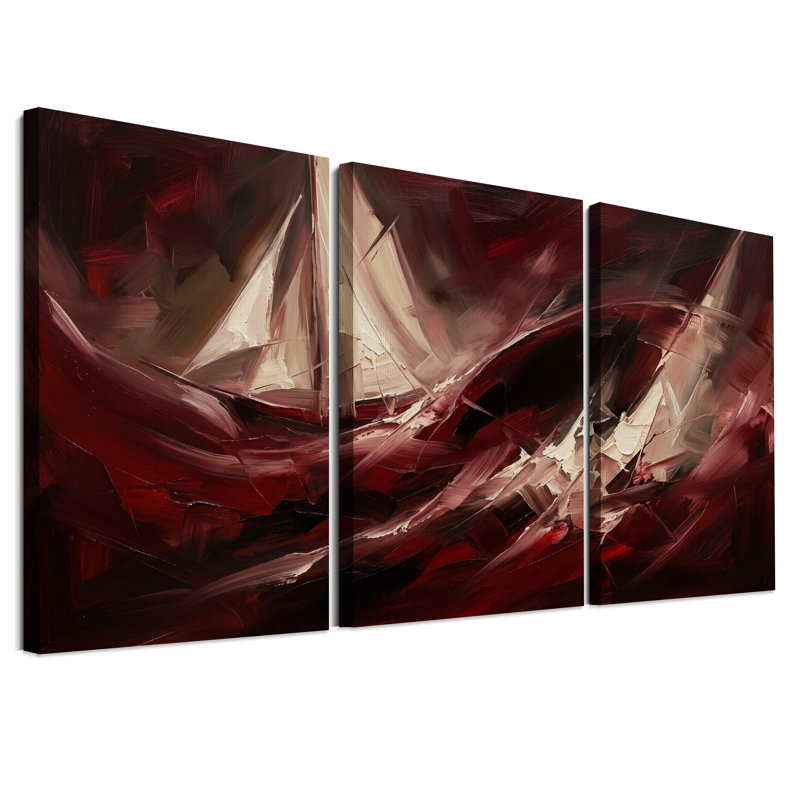 Ensemble de 3 toiles murales abstraites à coups de pinceau rouge foncé et crème, H 36 po x l 24 po x 3 pièces