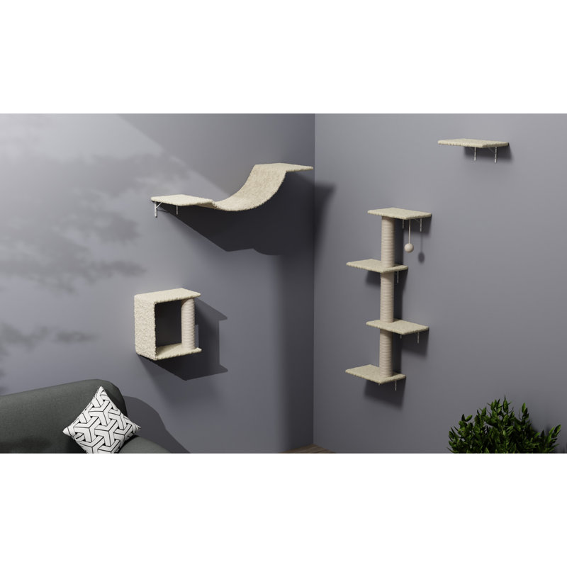 Meuble pour chat moderne 4 pièces avec tablettes murales, pont, marches et arbre en corde, panneau de particules doux, conception verticale peu encombrante, bricolage réglable facile à installer en structure d'escalade, installation