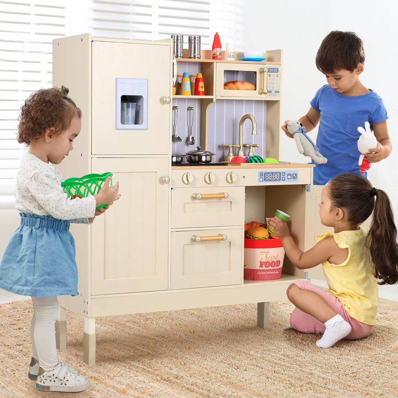 Height Adjustable Kids Play Kitchen, 3-Level Wooden Pretend Playset with Realistic Sounds, Telephone, Stove, Fridge, Microwave, Removable Sink, Water Dispenser, Grows with Your Child Ages 3+(cream)