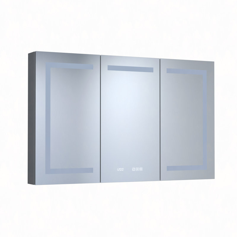 Armoire à pharmacie encastrée / à fixation en surface en aluminium argenté l 48 po x H 30 po avec miroir DEL et horloge