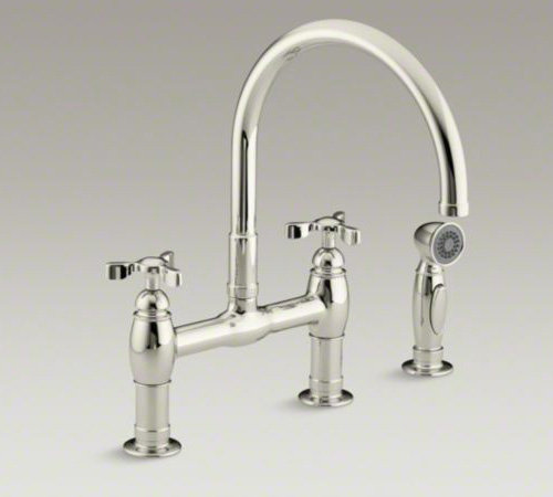 Parq Two-Hole Deck-Mount Kitchen Sink Faucet with 9" Gooseneck Spout and Tri Handles, Vibrant Polished Nickel, Tri Handle