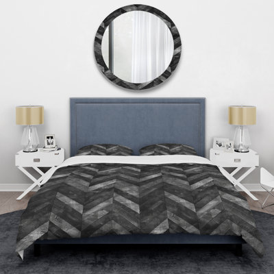 Grey White Charcoal Herringbone II - Transitional Duvet Cover Set