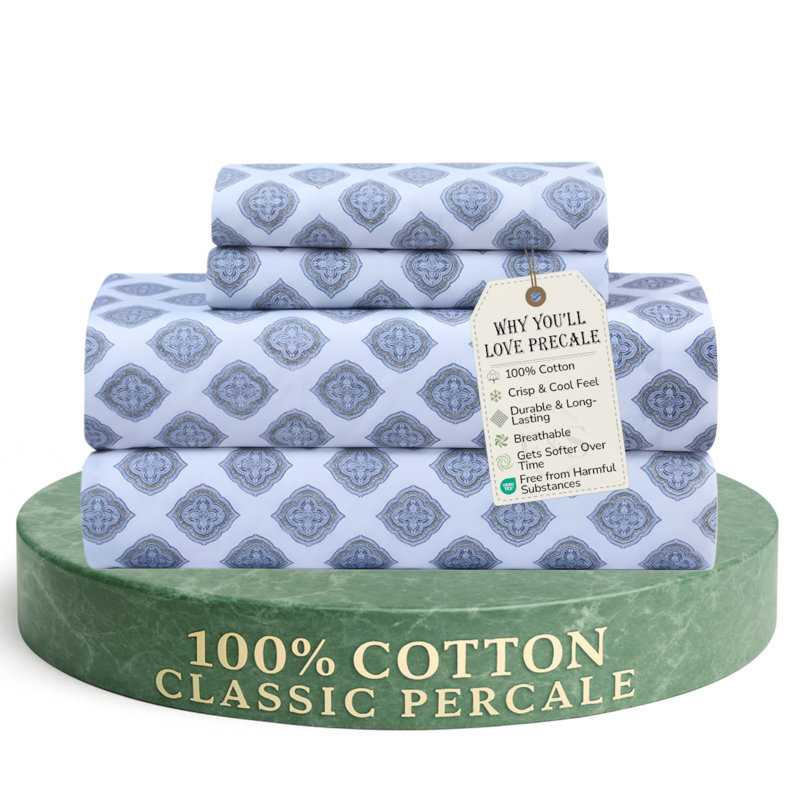 100% Cotton Sheets, 300 Thread Count Percale Weave Bedding, 16" Deep Pocket, Queen Sheet Set with 2 Pillowcases