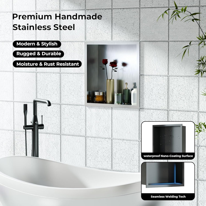 Niche de douche encastrée Enjyam en acier inoxydable doré – Organisateur mural étanche à double étagère – Antirouille, sans carrelage, rangement intégré pour salle de bain – 30,5 x 61 cm (12 x 24 po) Double grille dorée