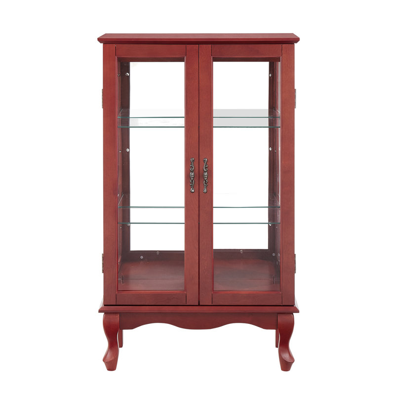 Élégante armoire vitrée à 2 portes avec portes en verre trempé, panneau arrière en miroir et tablettes réglables - Vitrine lumineuse pour la maison et le bureau (ampoule incluse) - Finition cerisier