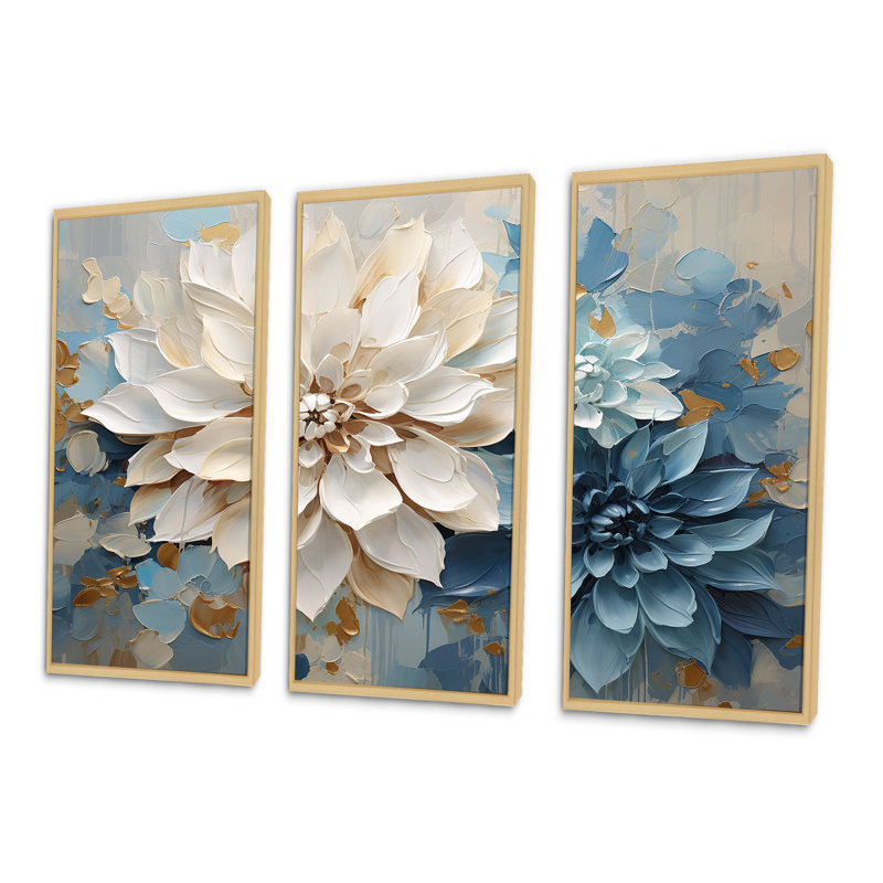Ensemble de reproductions d'art murales blanches et bleues - Dahlia, H 40 po x l 60 po x P 1 po, Cadre naturel flottant