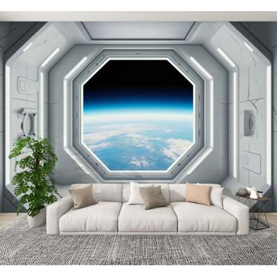 Peel and Stick Wallpaper Futuristic Space Station Window Earth View Wall Murals Removable PVC Wall Paper Self-Adhesive Wall Decor for Bedroom Living Room Home Office