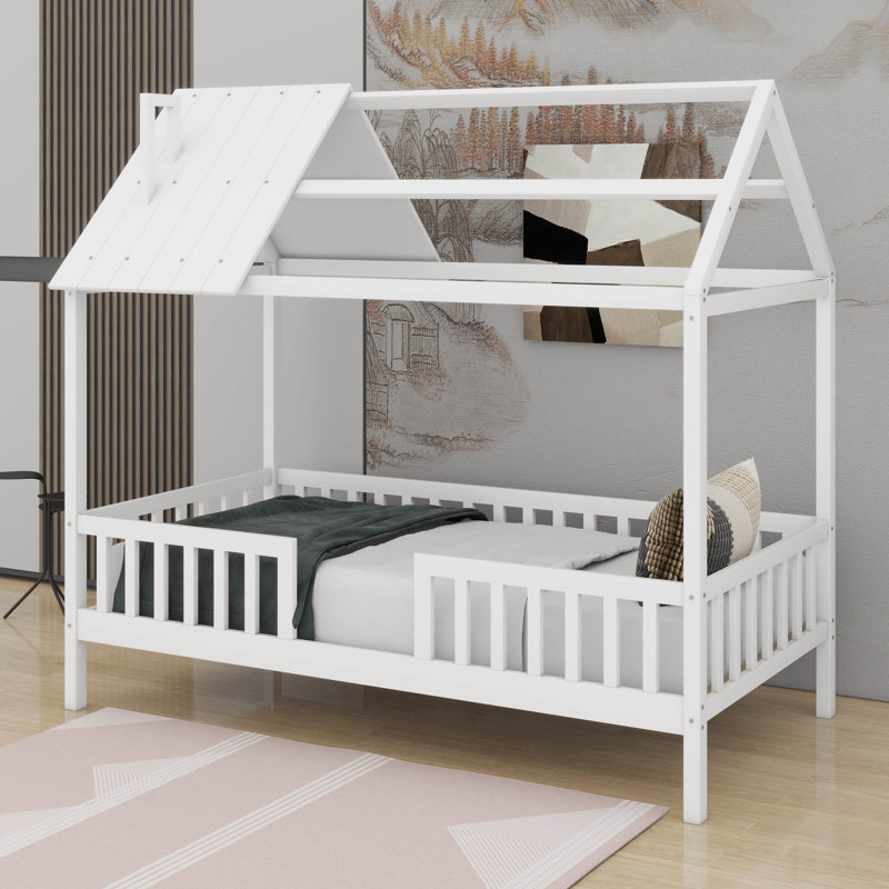 Lit simple en bois avec clôture, Blanc