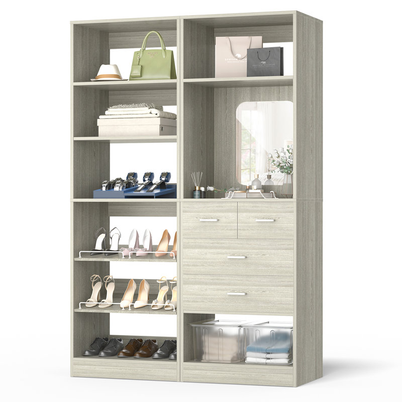 Closet System With Drawers, Mirrors And Hanging Rods, Washed Oak