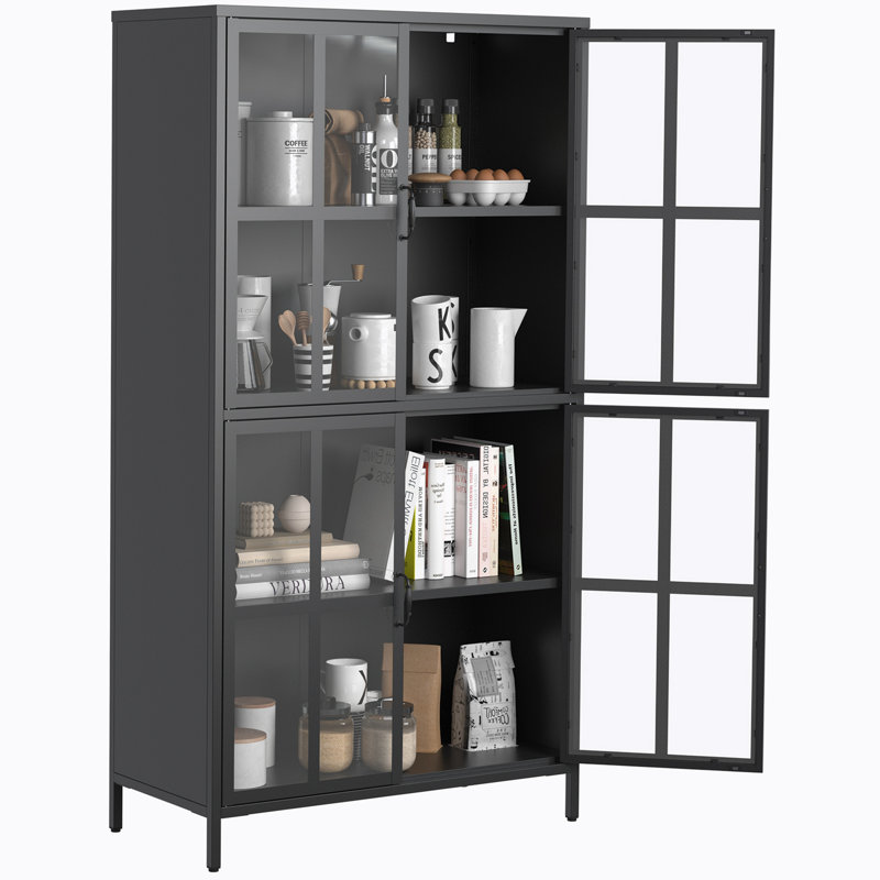 Premium Black Metal Storage Cabinet with Tempered Glass Doors, Adjustable Shelves