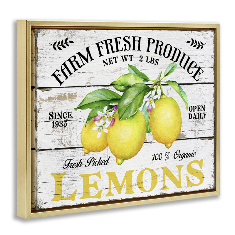 "Farm Fresh Produce Lemons", art mural encadré flottant par Creatif Belle, H 17 po x l 21 po, Cadre flottant métallique doré