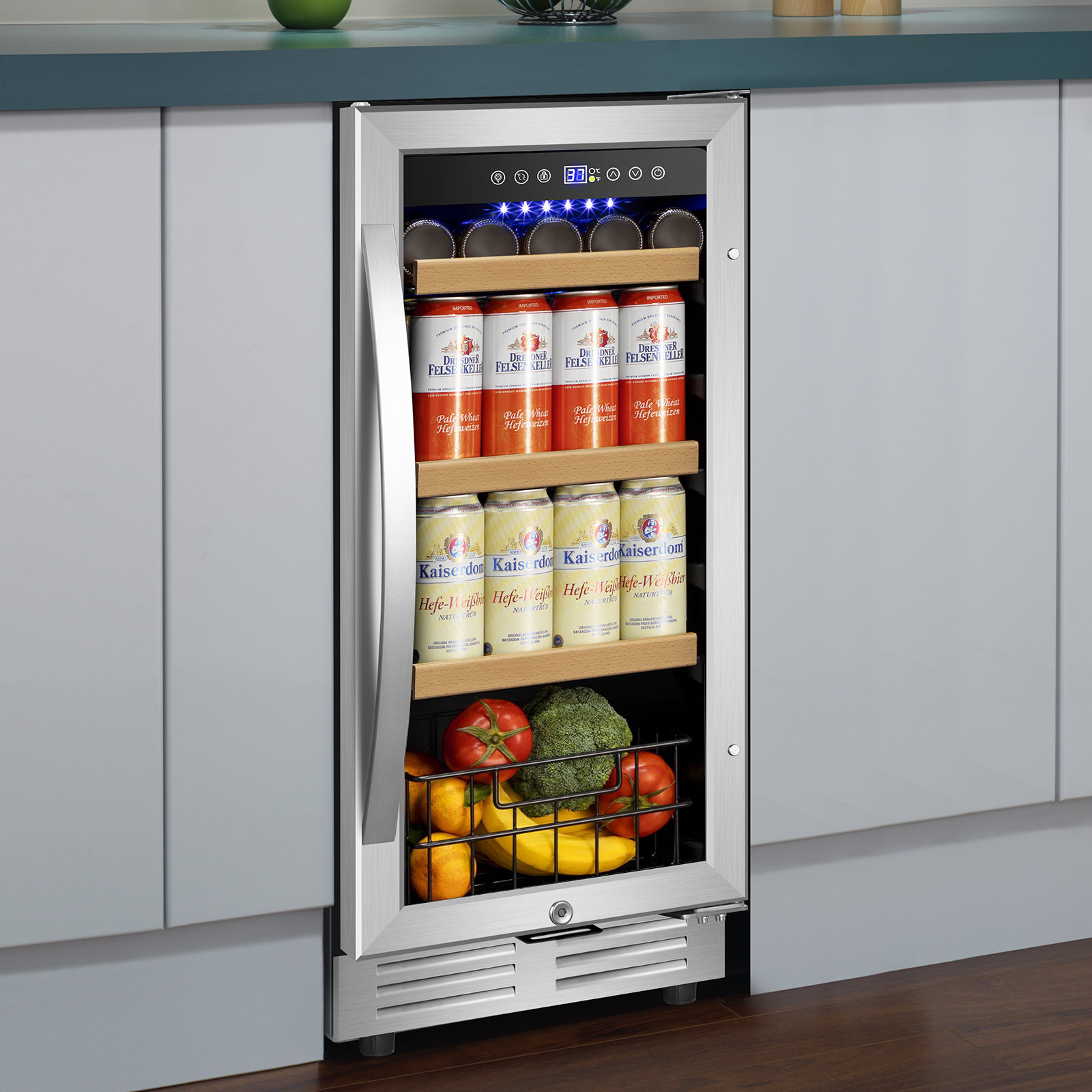 15" 165 Cans Built-In and Freestanding Beverage Refrigerator Beer Drink Cooler with Reversible Glass Door,Blue LED and Safety Lock | Fridge.com