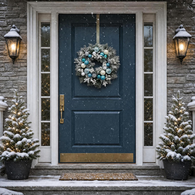 Couronne de Noël pré-illuminée de 61 cm (24 po) avec 20 lumières DEL, 8 modes d'éclairage, ornements bleus et minuterie de 6 heures, en PVC pour la décoration intérieure et extérieure