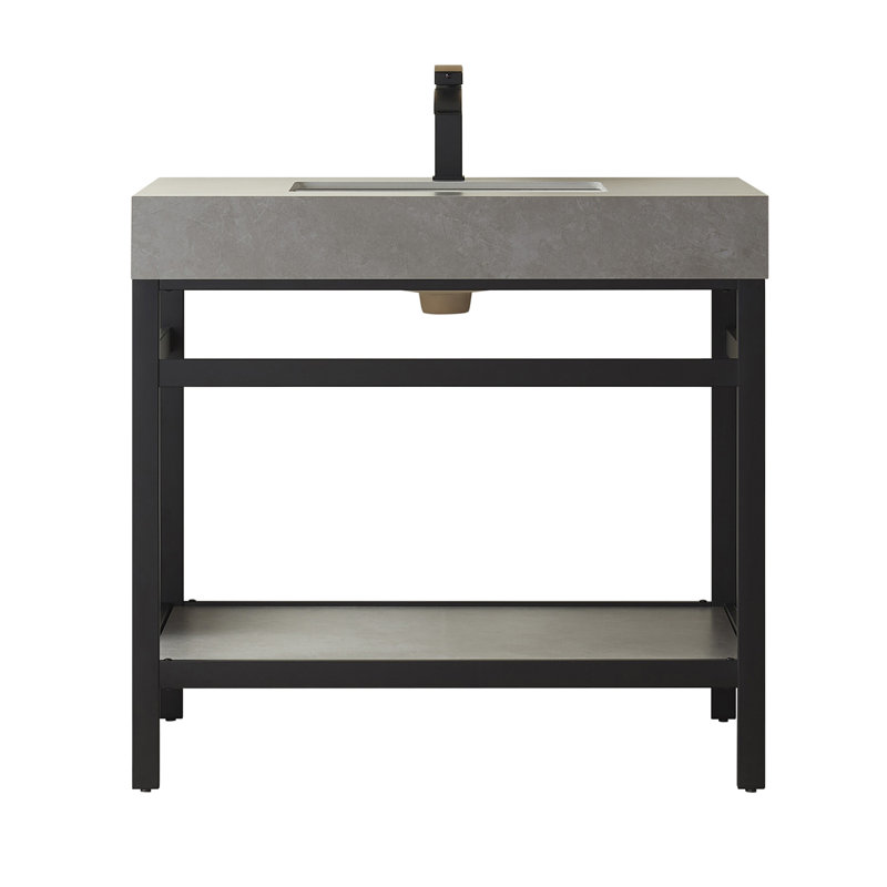 36'' Single Bathroom Vanity with Stone Top, Limestone Slab Stone, Matte Black, Matte Black