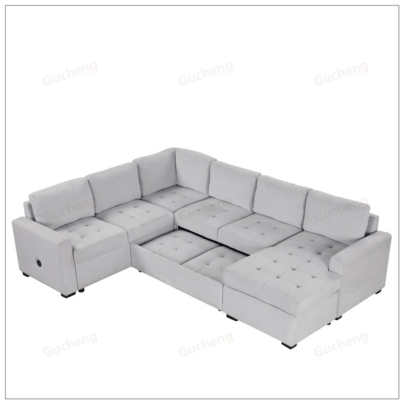Canapé-lit modulaire avec lit escamotable, méridienne et ports de charge, idéal pour le salon et le bureau, Gris