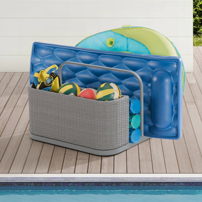 Sunjoy Rust-proof Aluminum Pool Float Storage Rack, 35 Inch Outdoor Wicker Poolside Float Organizer, Pool Float Caddy for Cushions, Floaties, Noodles,
