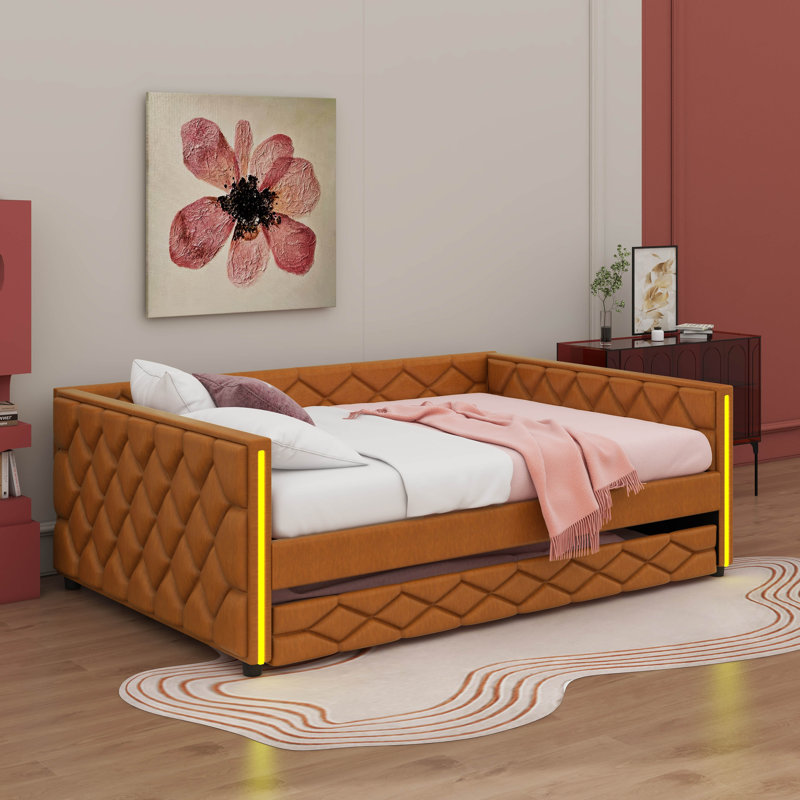 Full XL Size Upholstered Daybed With Trundle And LED, Brown