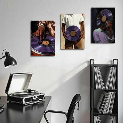 Black Man Wall Art 3 Piece Black Men DJ Canvas Prints Fashion African American Pictures Vinyl Records Artwork Hip Hop Music Poster Boy Girl Bedroom Decor (Purple, (12" X 16" X 3PCS))