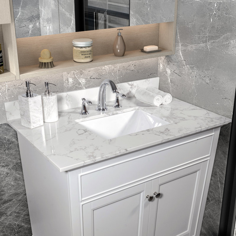 Dessus de meuble-lavabo de salle de bain avec lavabo rectangulaire encastré en céramique avec 3 trous de robinet