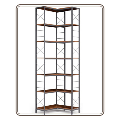 7-Tier Industrial Corner Bookshelf - Freestanding Wood & Metal Bookcase with X-Frame - Large Display & Storage Shelf - Adjustable Feet