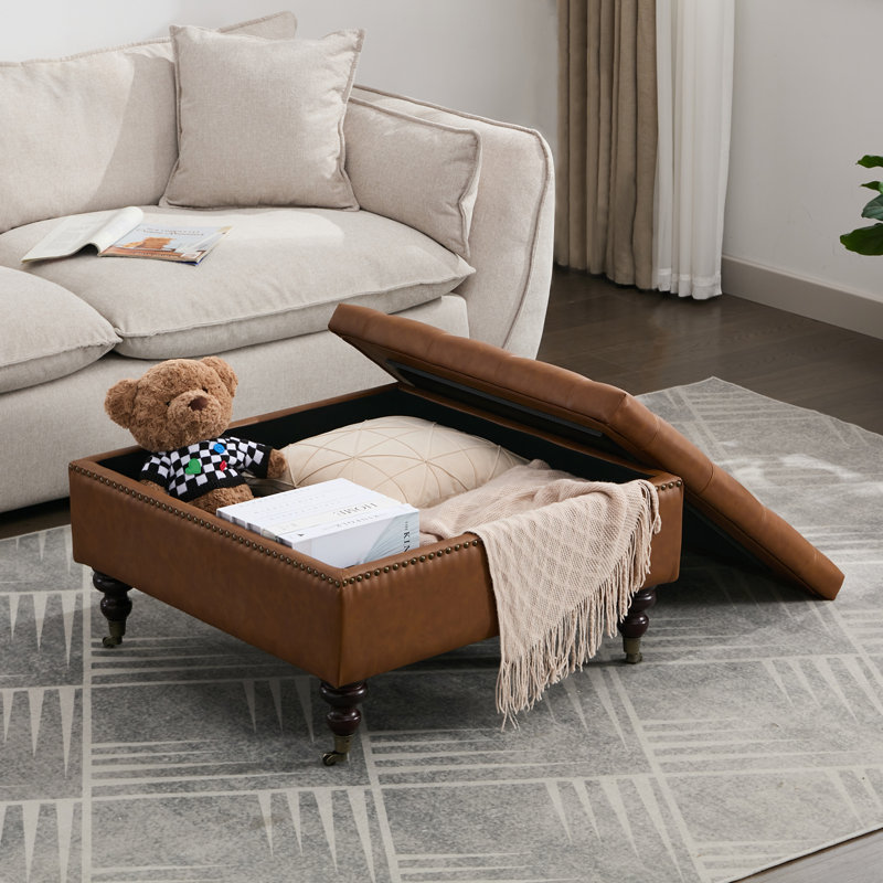 Daania Upholstered Square Tufted Storage Ottoman, Brown Leather