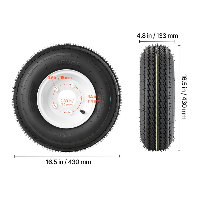 Trailer Tire Rim Assembly 4.80-8 with 5 Lug on 4.5 in PCD, 6 Ply Load Range C Trailer Tire on 8" White Rims, 2.8 in Center Bore, Max Load 760LBS 90PSI for Utility/Boat/Camper Trailers
