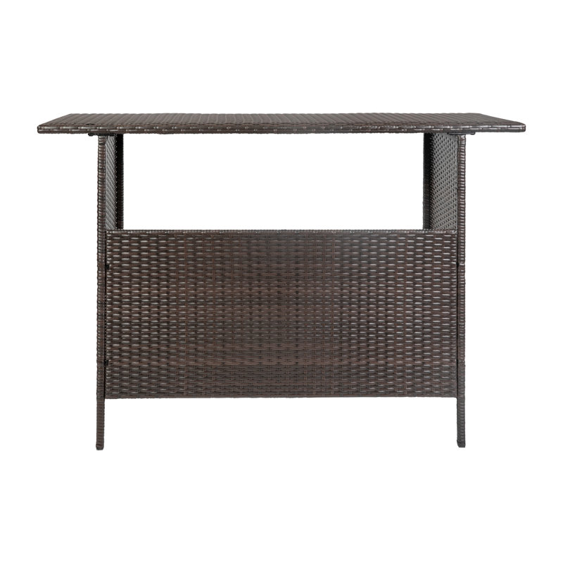 Rimah Rectangular Indoor/Outdoor Wicker Rattan Patio Bar Counter Table with Two Shelves, Brown, Brown