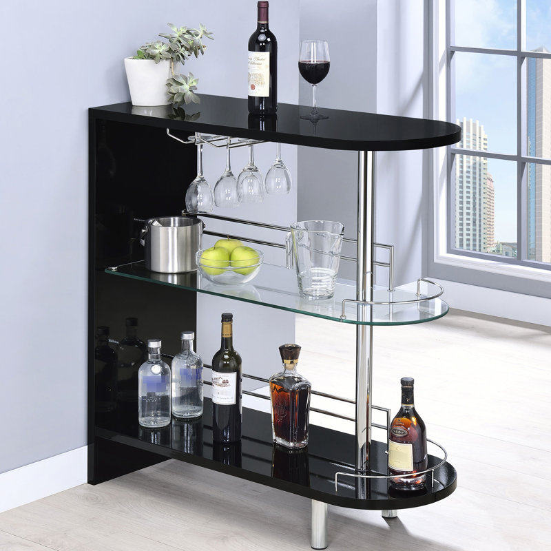 Table de bar à haute brillance 2 avec tablette en verre pour la salle à manger, couleur principale argentée, rangement pour bouteilles de vin, 41,59 pouces de hauteur, 39,5 de largeur, 15,99 surface de profondeur noire, haute