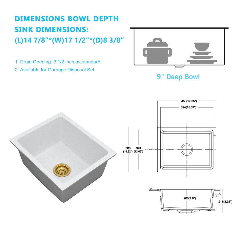 Évier de cuisine encastré en quartz 15 po x l 18 po, comptoir simple en granite blanc avec grille d'évier, crépine et support à enroulement