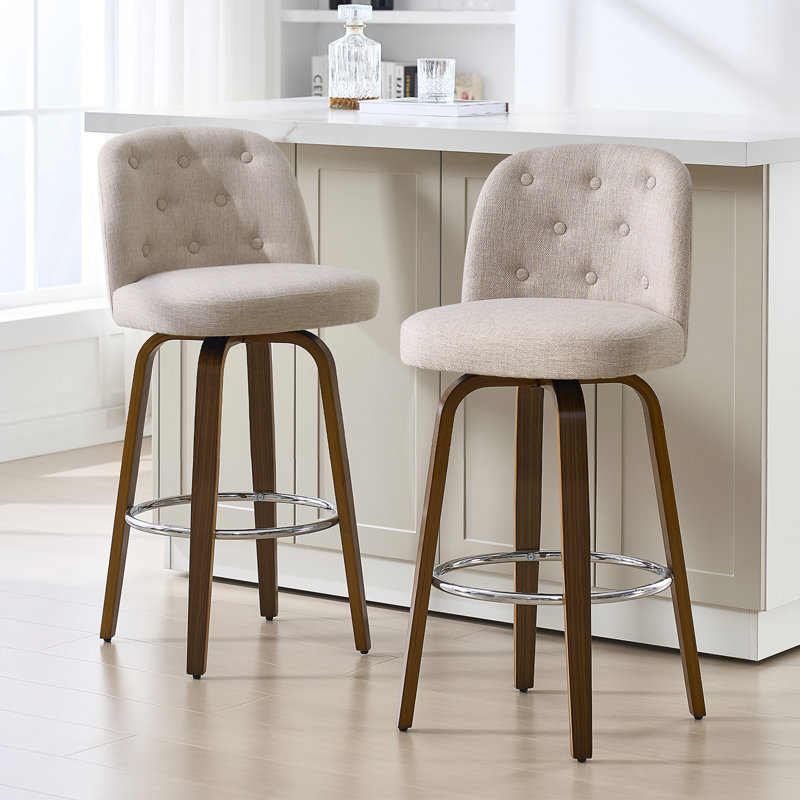 65CM Seat Height Swivel Upholstered Counter Stool with Solid Wood Frame(Set of 2), Milky Brown