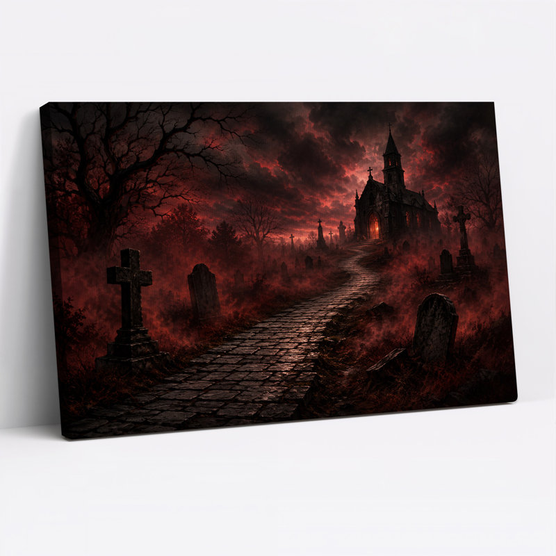 Église gothique et cimetière sous un ciel rougeoyant - Toile murale d'Halloween, H 36 po x l 48 po