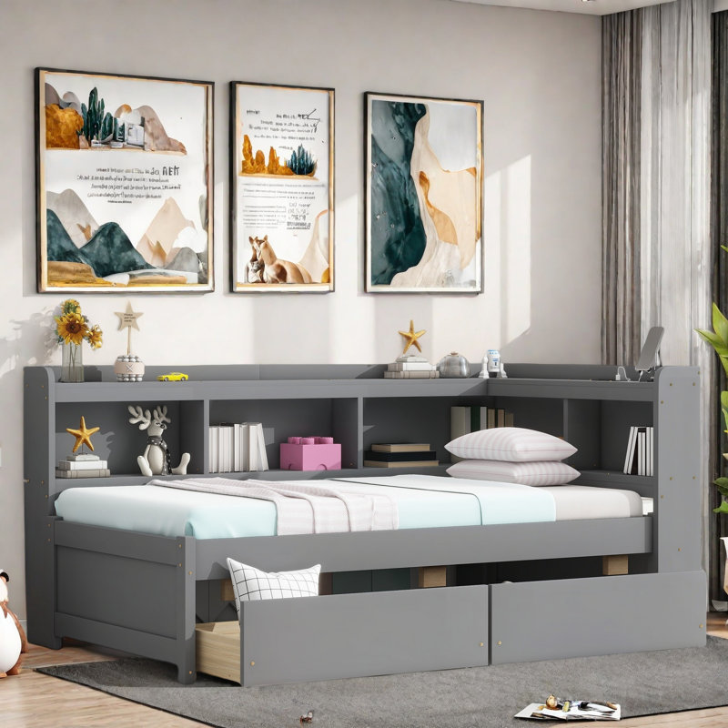 L-shaped Daybed With Bookcases, Charging Station And Two Drawers, Twin, Gray