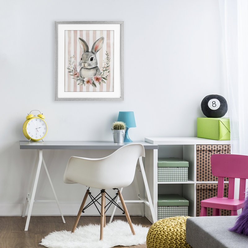 Striped Nursery Bunny Framed Print Under Glass, design by Arlington Prints, 16" H x 13" W, Farmhouse Grey Frame