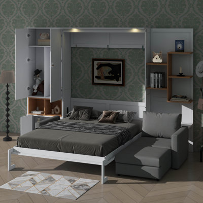Modern Fold-Down Wall Bed With Sofa Seating, Organizational Shelves, Cabinets, And Dual Lighting