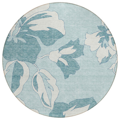 8' Teal Blue Aqua And Ivory Round Floral Washable Indoor Outdoor Area Rug