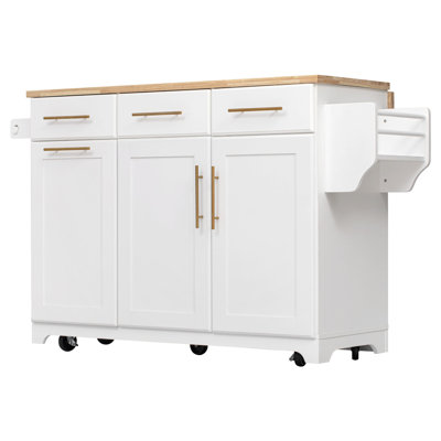 K&K 59.3" Kitchen Island with Storage 2 Pull Out Cabinet Organizers & Rubber Wood Drop Leaf, Rolling Kitchen Island with Trash Can Storage, Power Outlet, Spice & Towel Rack for Kitchen, Dining, White