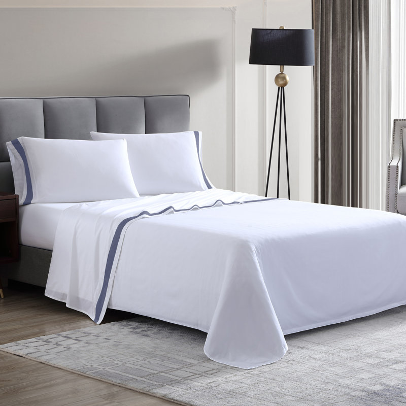 300 Thread Count Cotton Quality Sateen Sheet Set, Cal.King Sheet Set + 1 Fitted Sheet + 2 Pillowcase, White/Blue