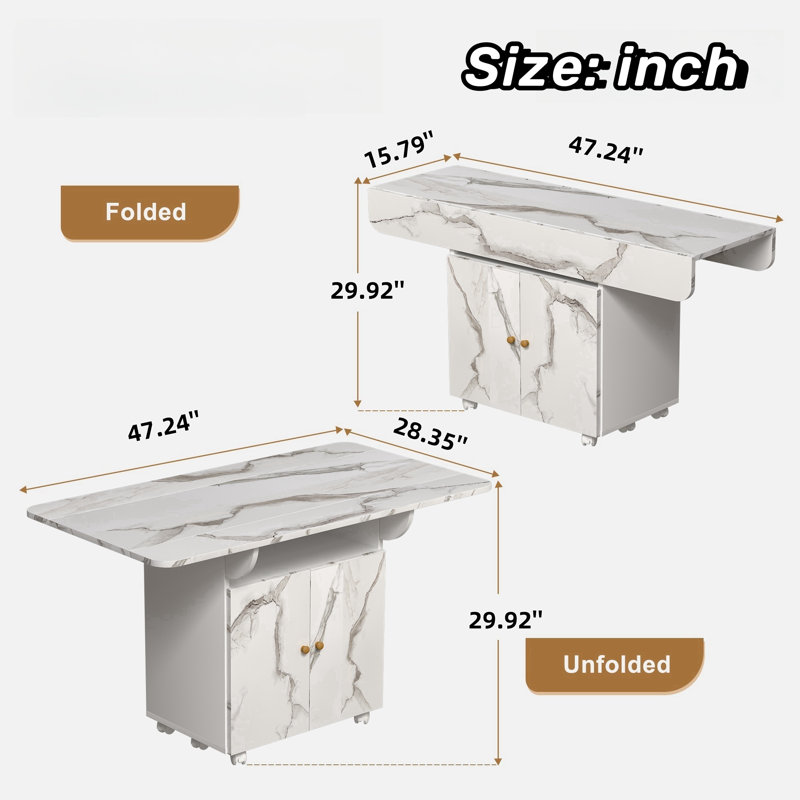 Folding Dining Table With 6 Wheels, Storage Rack,cabinet And Marble Texture