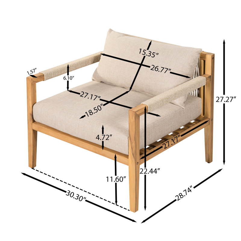 Chaise de patio en bois et corde beige avec coussins confortables