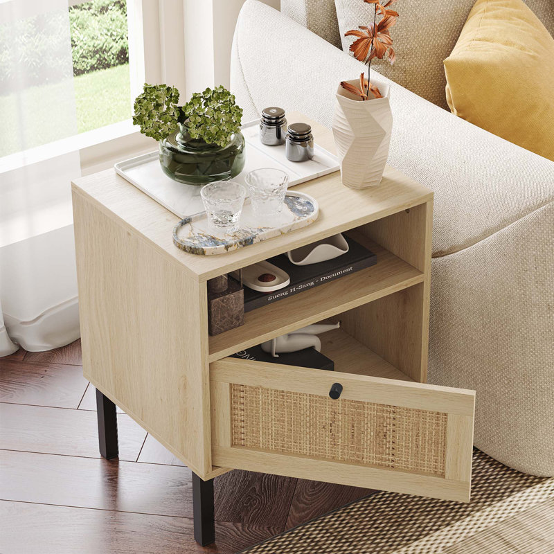 Aimara 3-Piece Boho Bedroom Set, Rattan Nightstand Set of 2 & Queen Platform Bed Frame, Rattan Bedroom Furniture