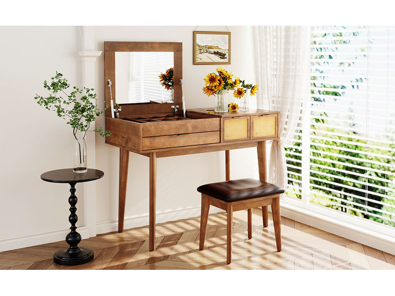  Ensemble de coiffeuse 43,3 "en bois avec miroir rabattable et tabouret, coiffeuse avec trois tiroirs spacieux et grand espace de rangement pour les essentiels beauté, brun