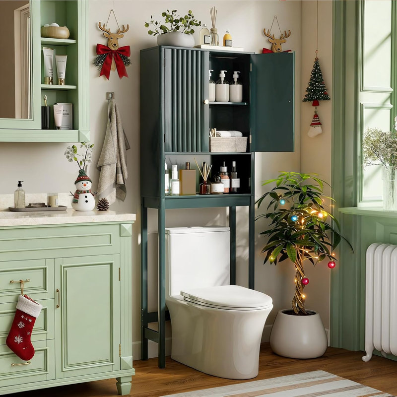 Over The Toilet Storage Cabinet, Bathroom Organizer w/Fluted Doors, Adjustable Shelf