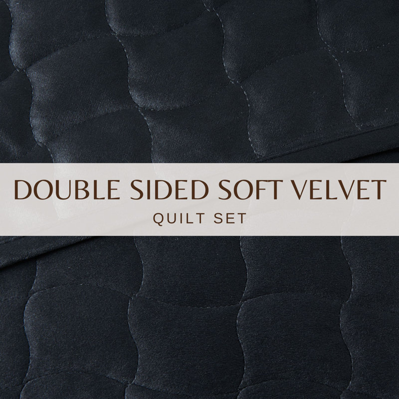 Sitched Velvet Quilt Set, California King Quilt + 2 King Shams, Black