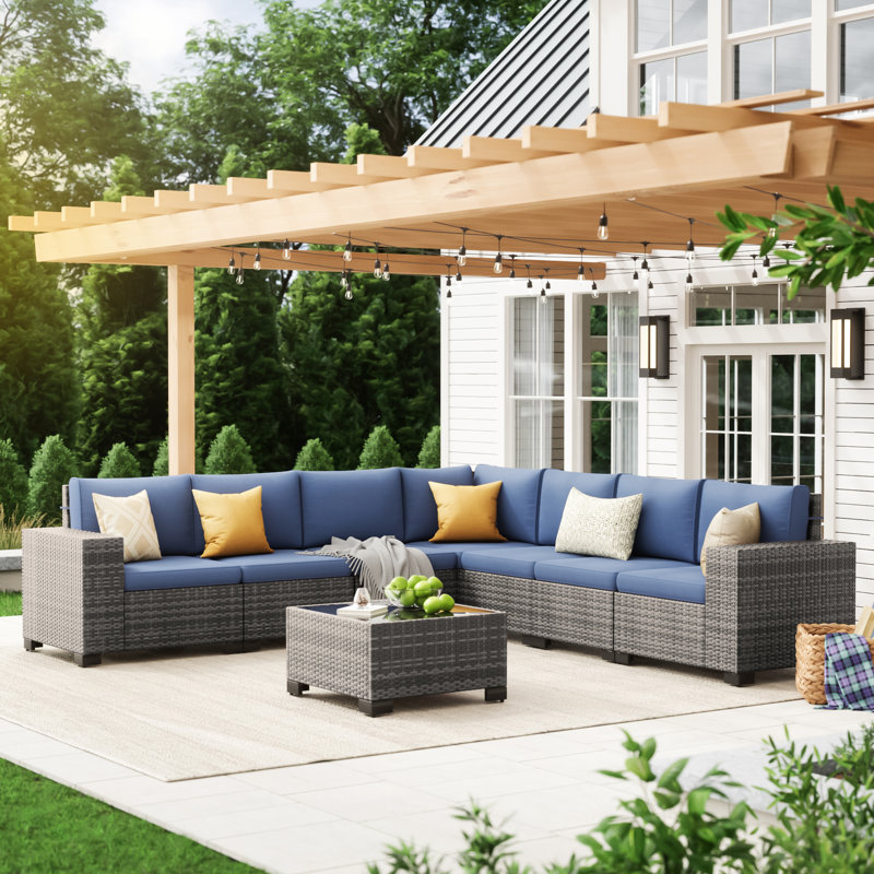 Ensemble de conversation modulaire en osier pour 7 personnes avec coussins, Coussin bleu marine / structure grise