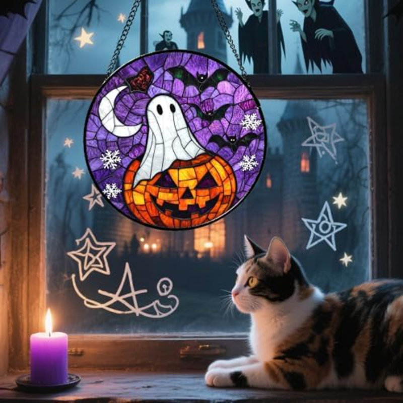 Vitrail suspendu à la citrouille d'Horreur d'Halloween 15 po - Porte Suncatcher Sunroom de style gothique