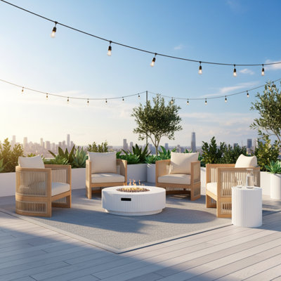 Serava Modern Coastal Acacia Outdoor Conversation Set With 4 Chairs, Fire Pit Table, And Tank Holder
